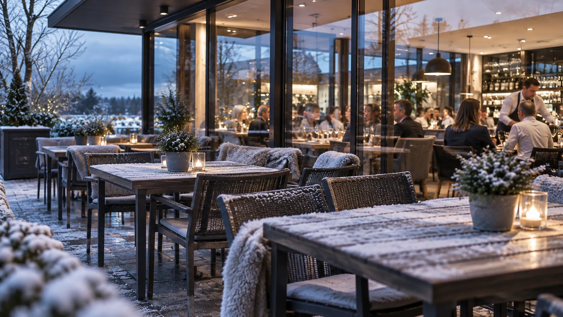 _KI generiert Ungenutzte Restaurantterrasse im Winter neben einem beleuchteten Gastraum